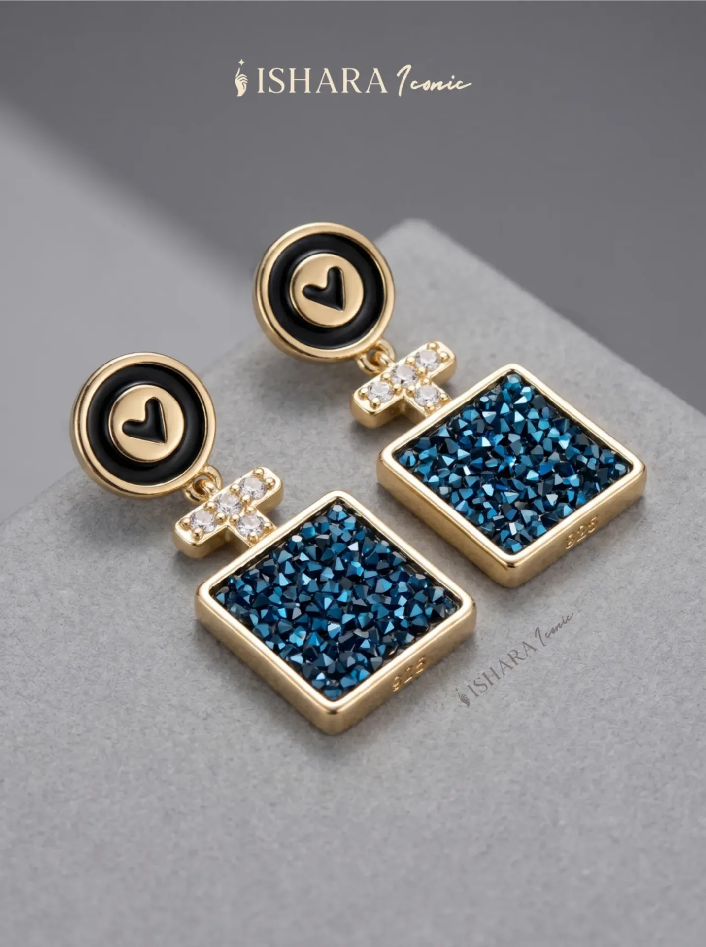 Geometric Heart & Blue Crystal Drop Earrings - 18k Gold Plated