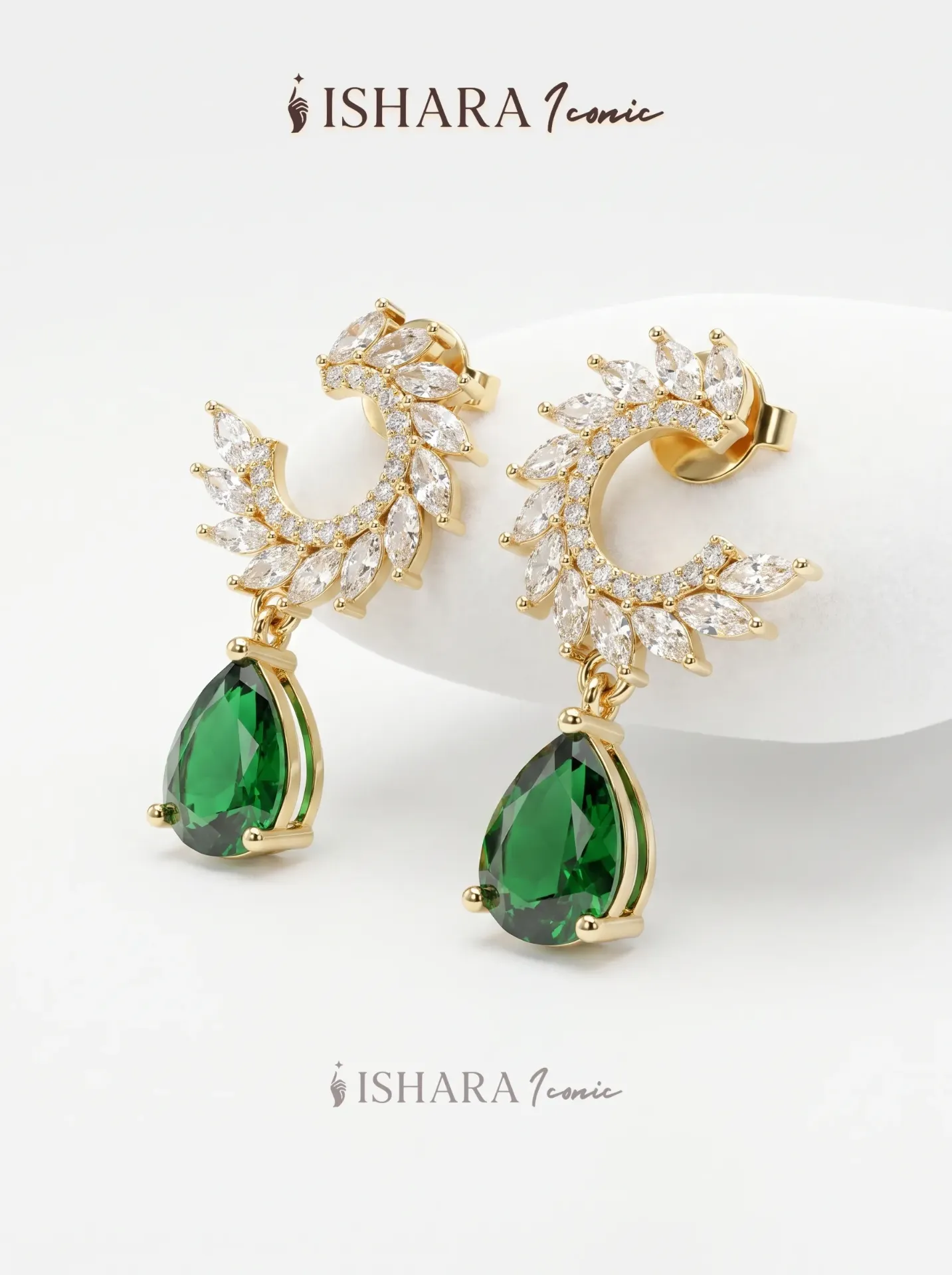 Crescent & Teardrop Crystal Drop Earrings - 18k Gold Plated