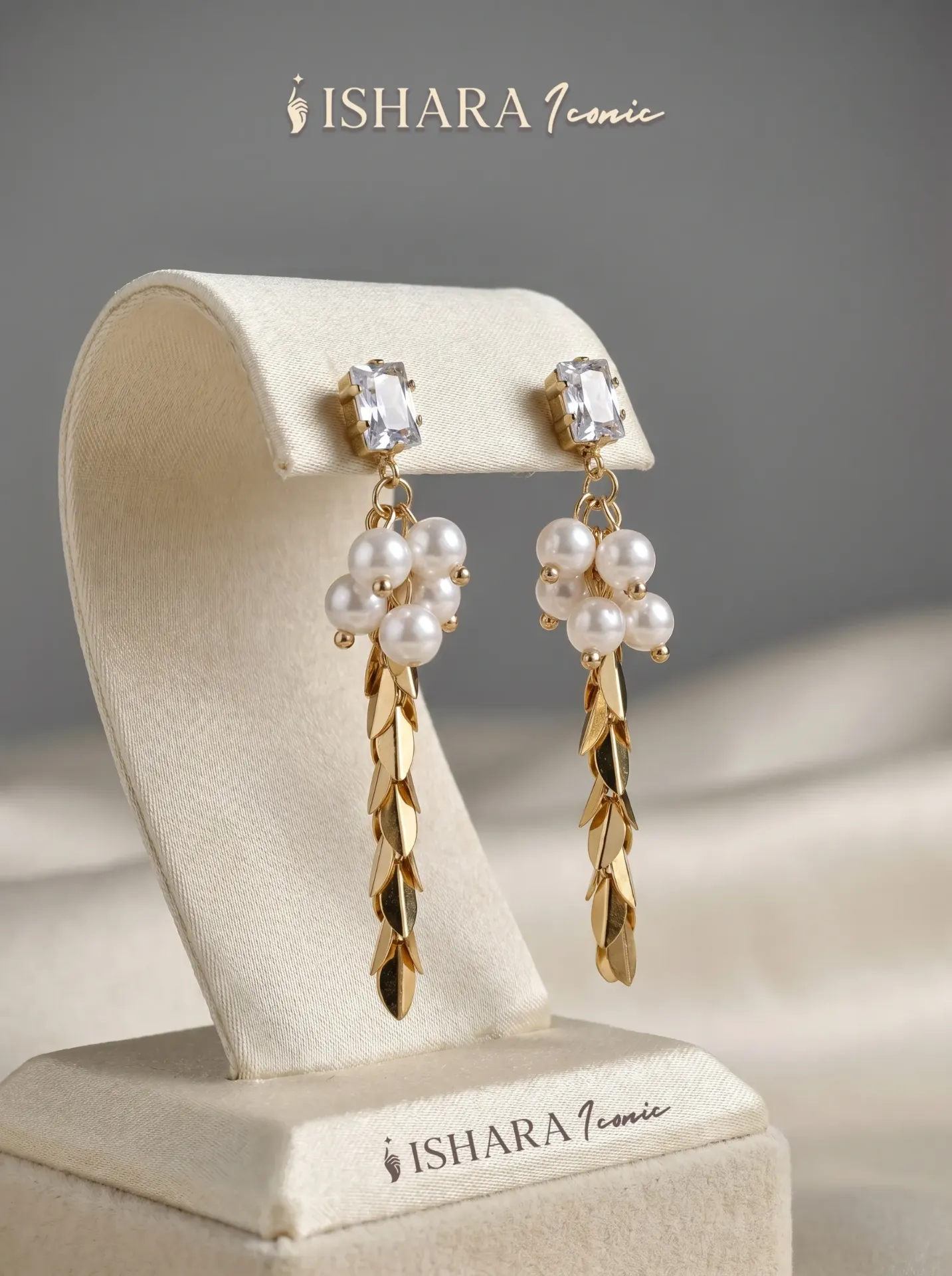Crystal, Pearl & Leaf Drop Earrings