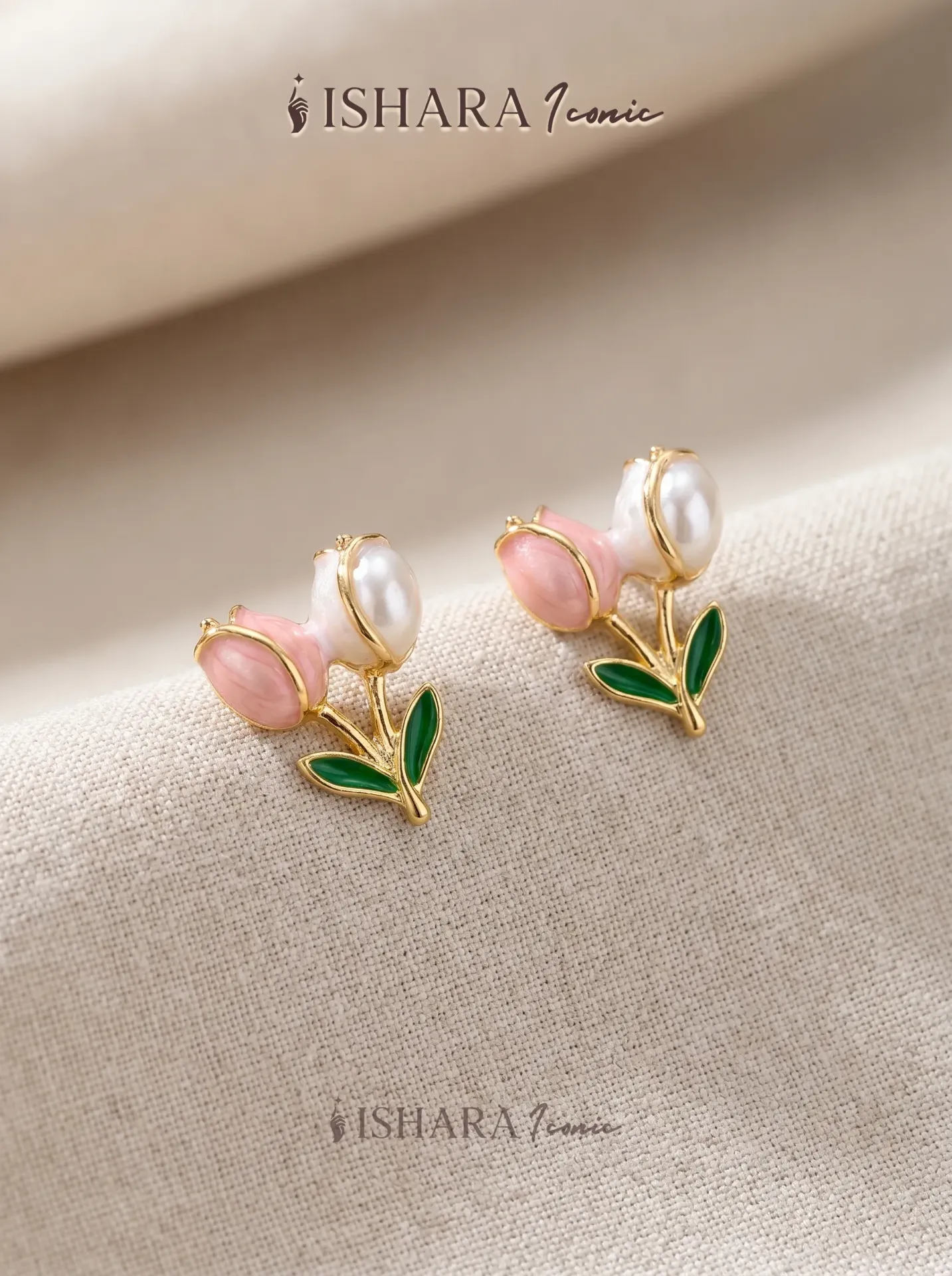 Blooming Tulips: Pink Enamel & Pearl Floral Studs