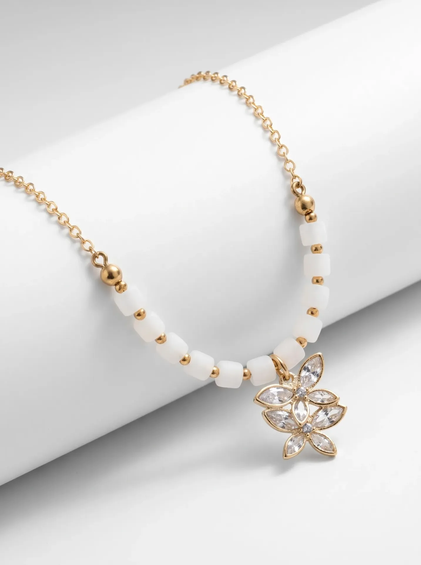 White Bead & Crystal Floral Pendant Necklace