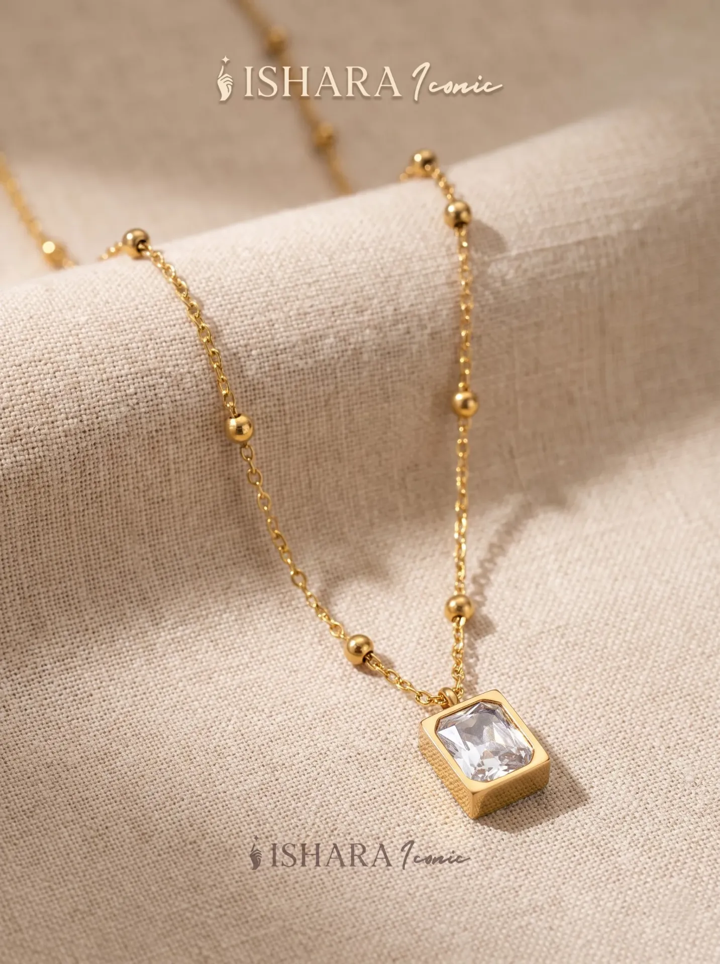 Emerald-Cut Crystal & Beaded Chain Necklace