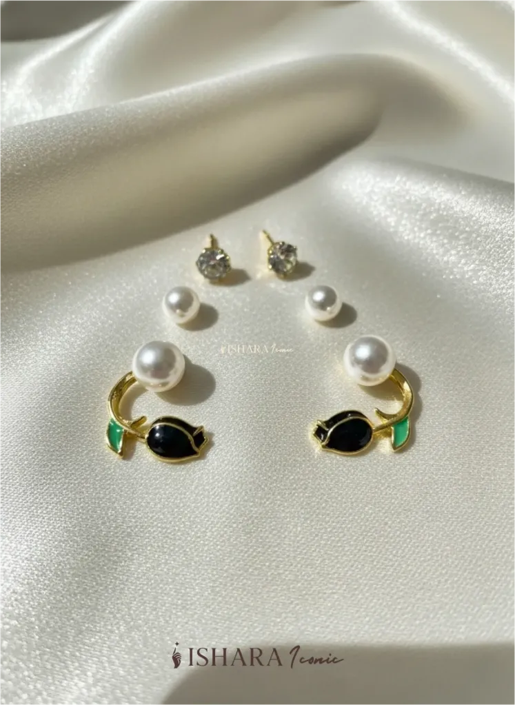 Black Rose , Pearl And Diamond 3 Pairs Of Earrings