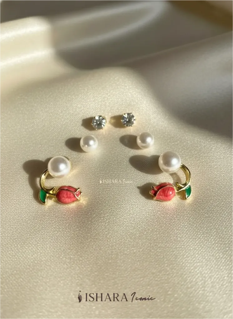 Red Rose , Pearl And Diamond 3 Pairs Of Earrings