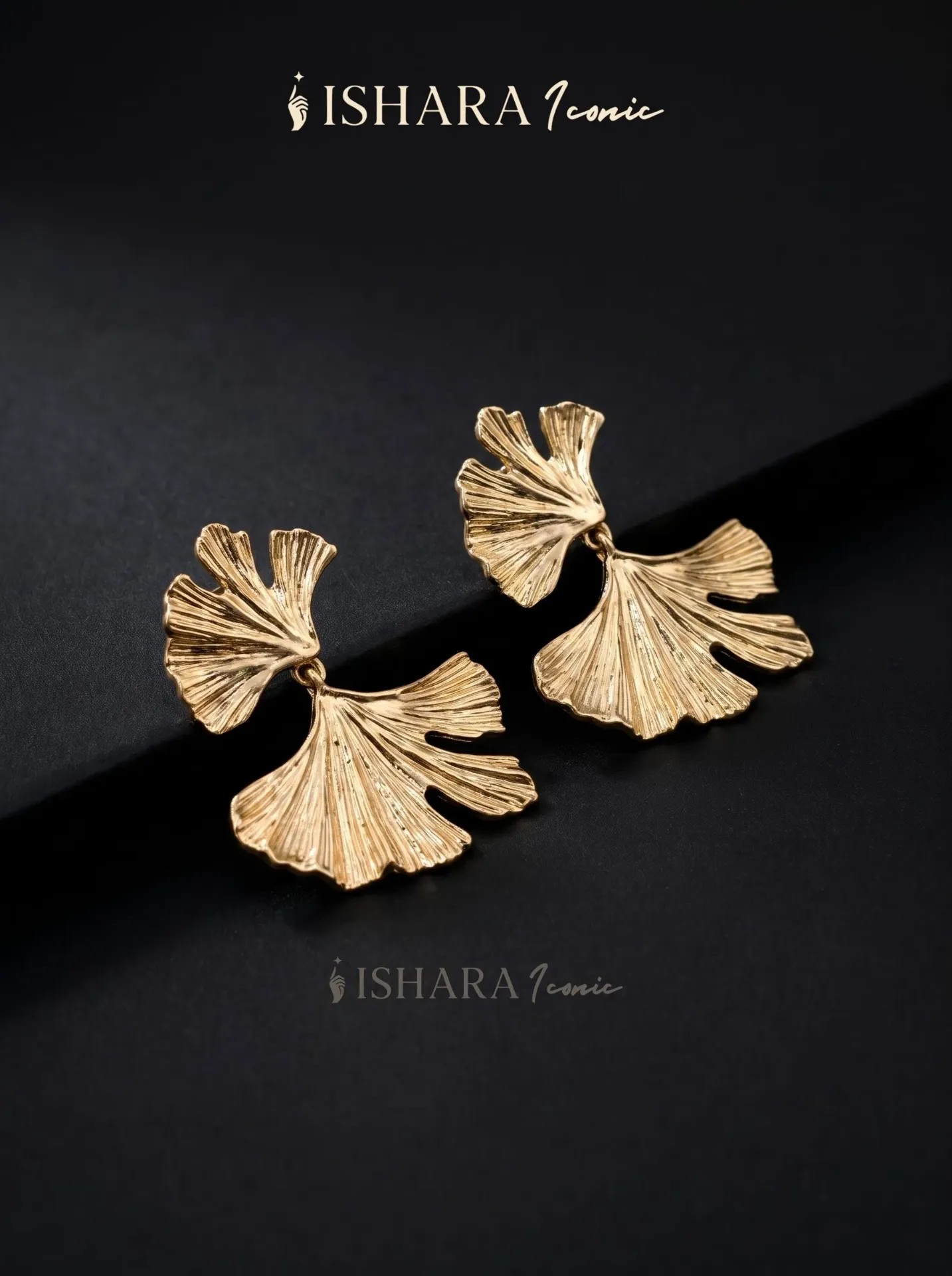 Statement Gold Plated double layered Ginkgo leaf drop earrings