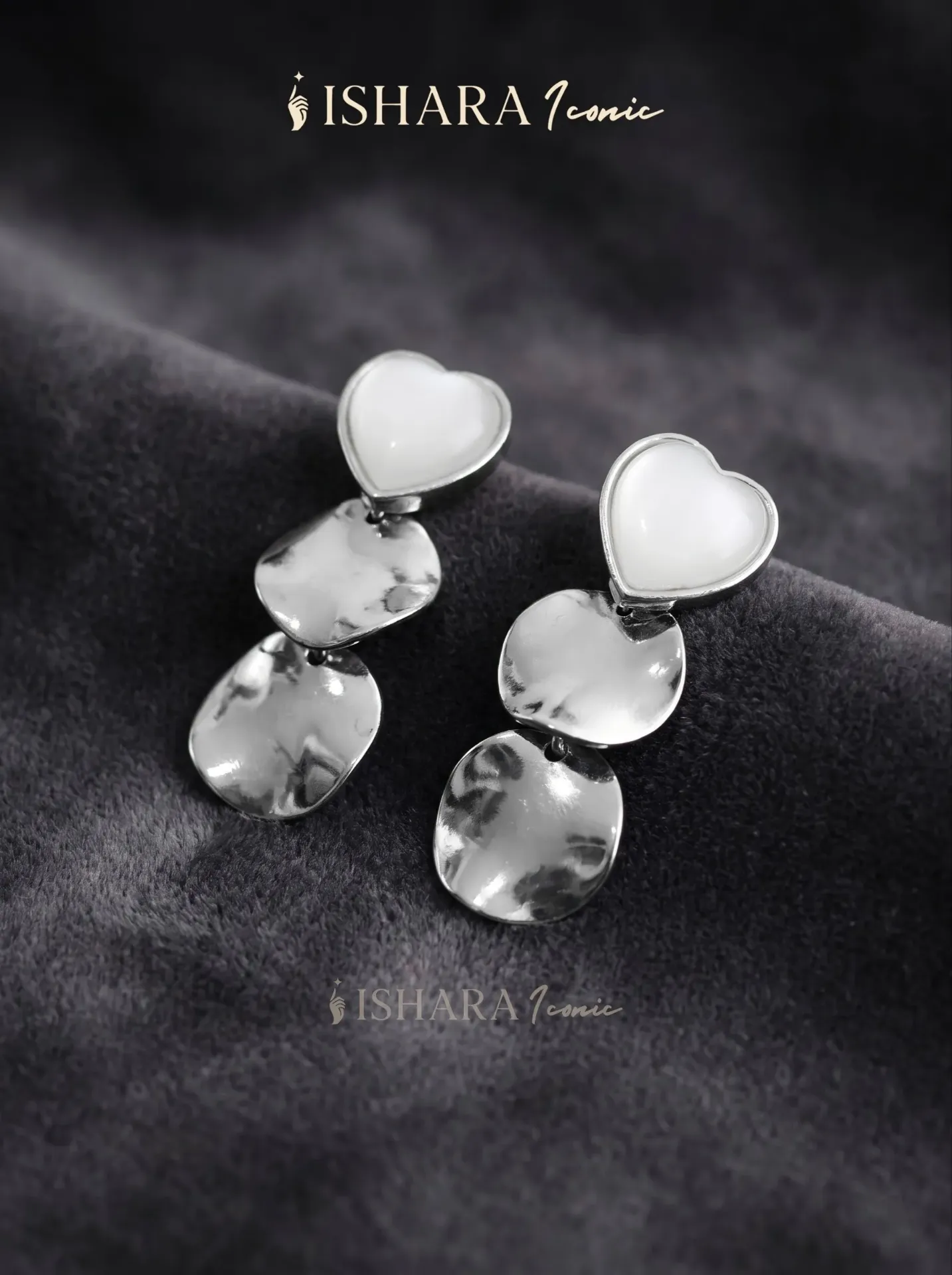 Heart Silver Disc Drop Earings