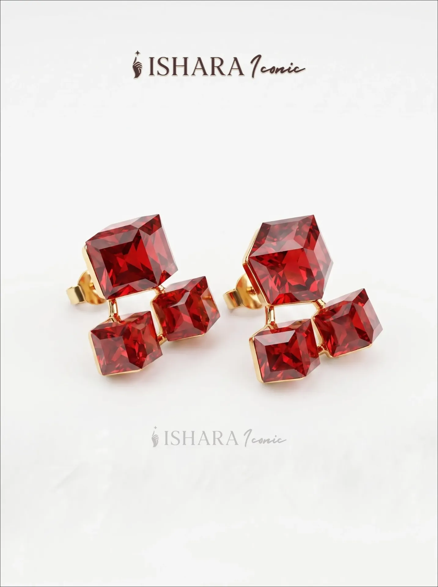 Red Geometric stud earrings 3d Ruby-Red Square Crystals
