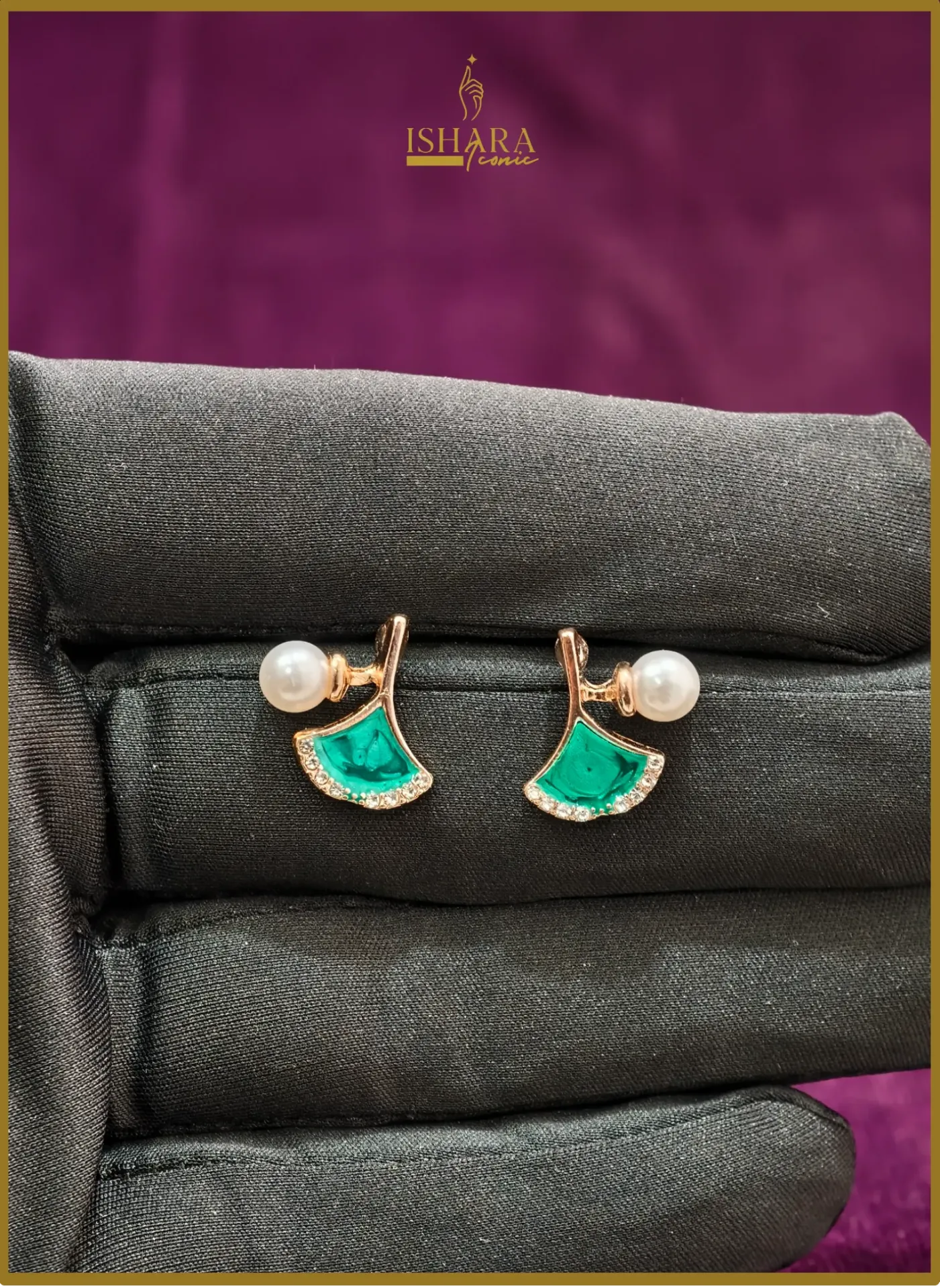 Rose Gold Green Enamel Ginkgo Leaf and Pearl Earrings