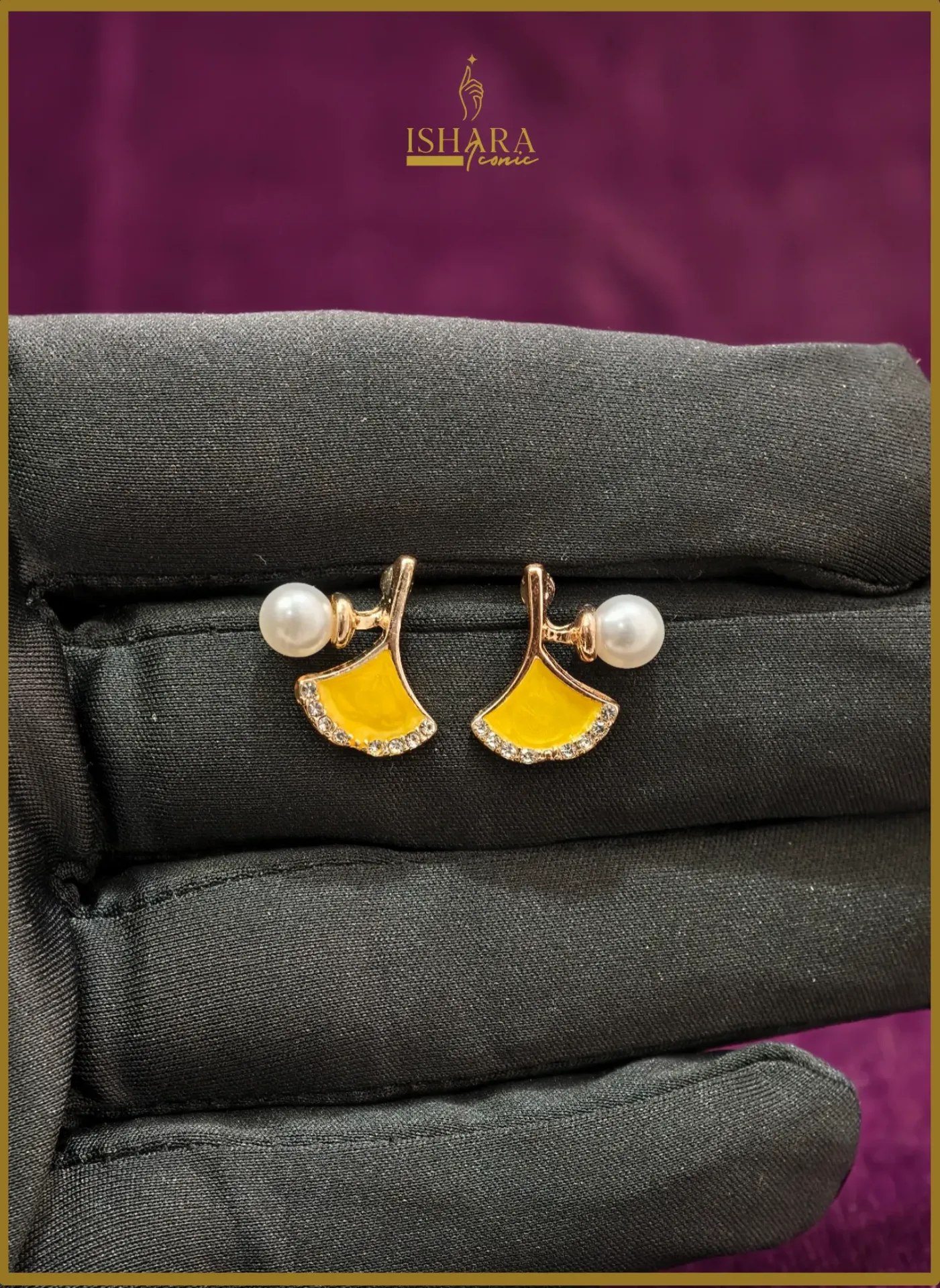 Rose Gold Yellow Enamel Ginkgo Leaf and Pearl Earrings