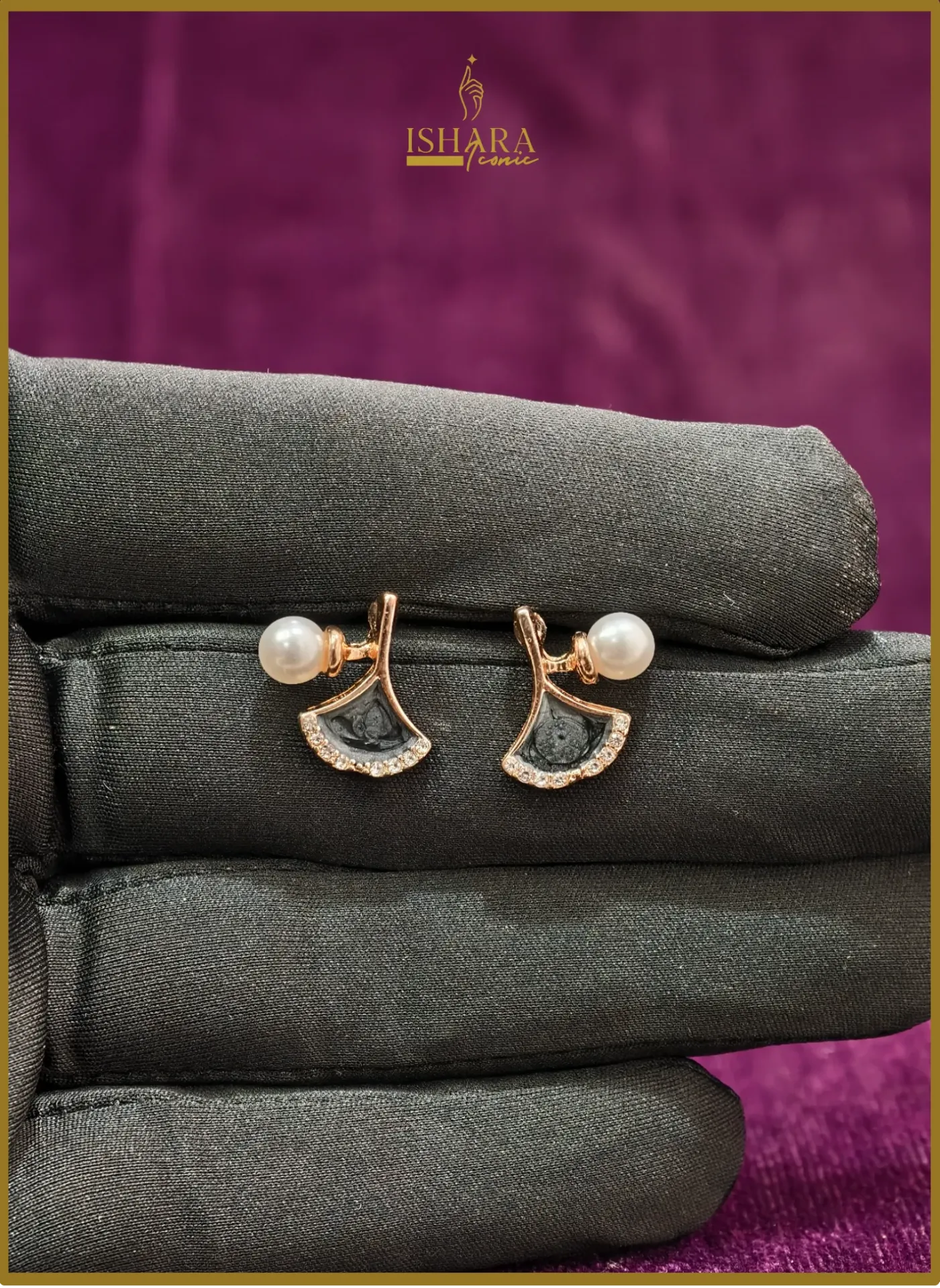 Rose Gold Black Enamel Ginkgo Leaf and Pearl Earrings