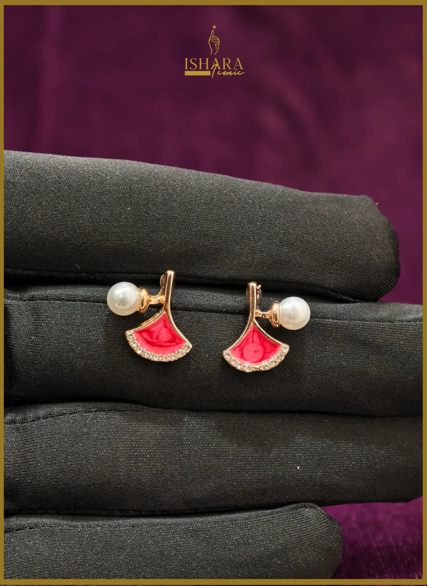 Rose Gold Red Enamel Ginkgo Leaf and Pearl Earrings