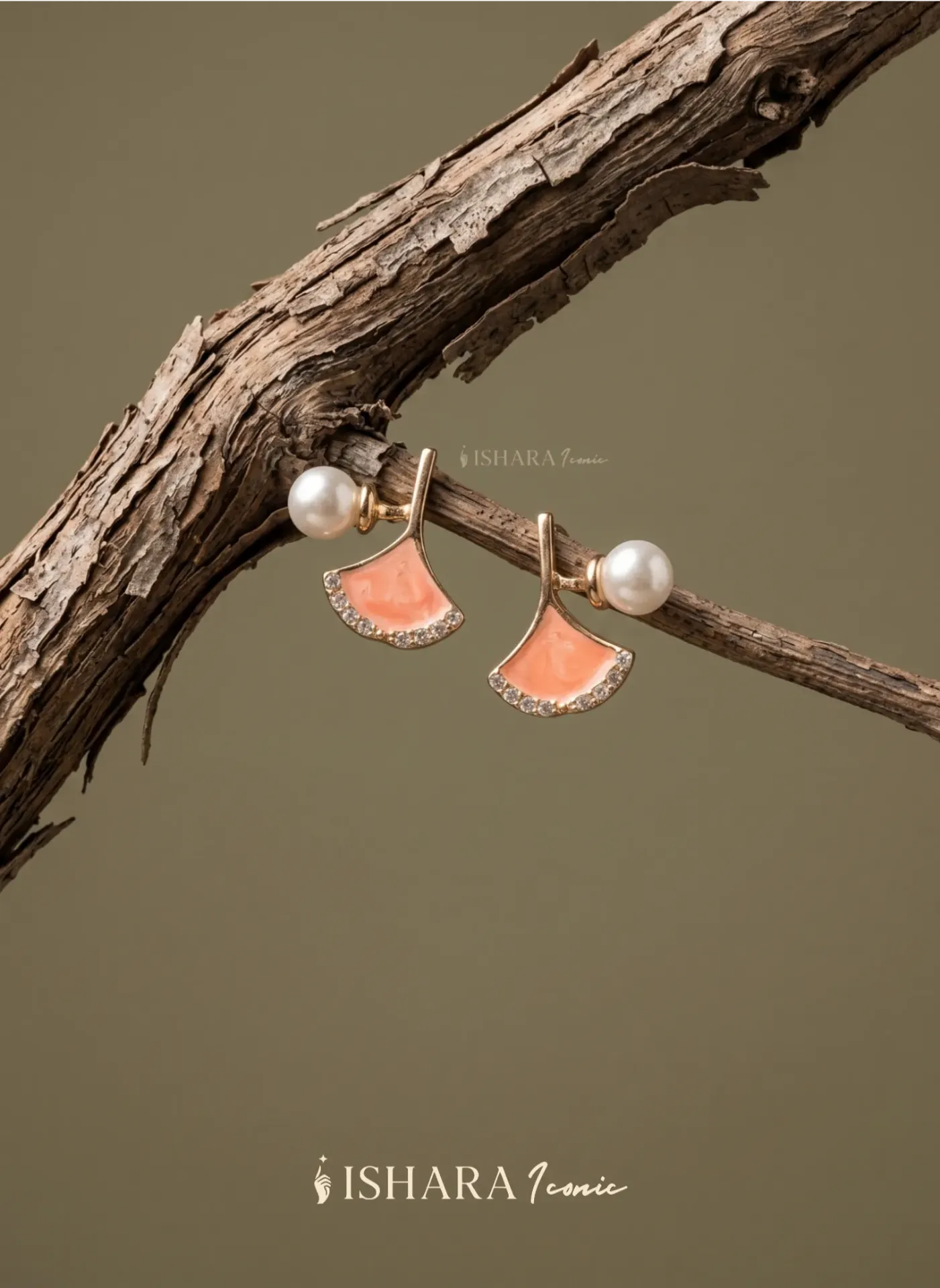 Rose Gold Pink Enamel Ginkgo Leaf and Pearl Earrings