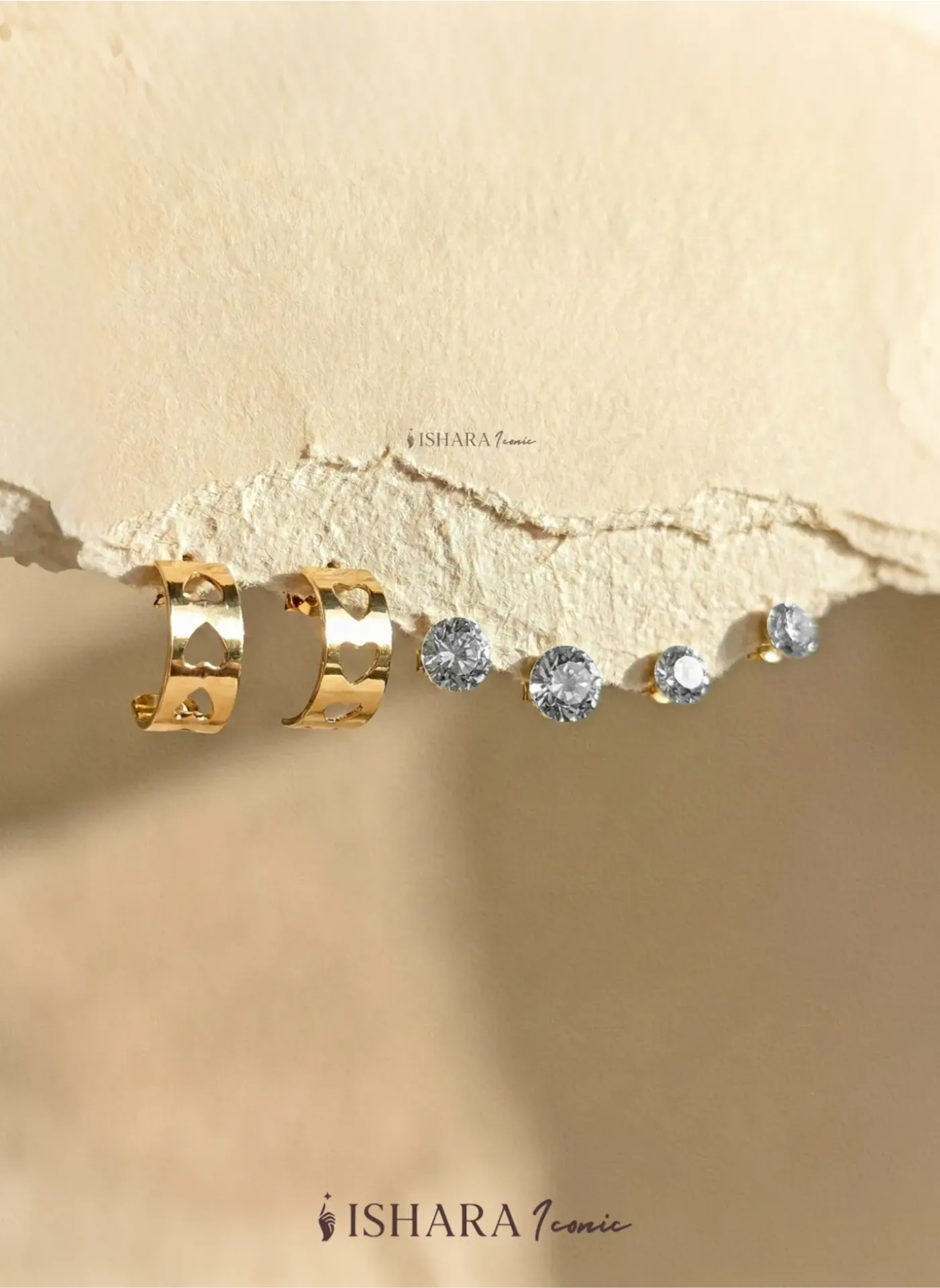 Gold Hoop & Crystal Stud Earring Set (Heart Cutout)