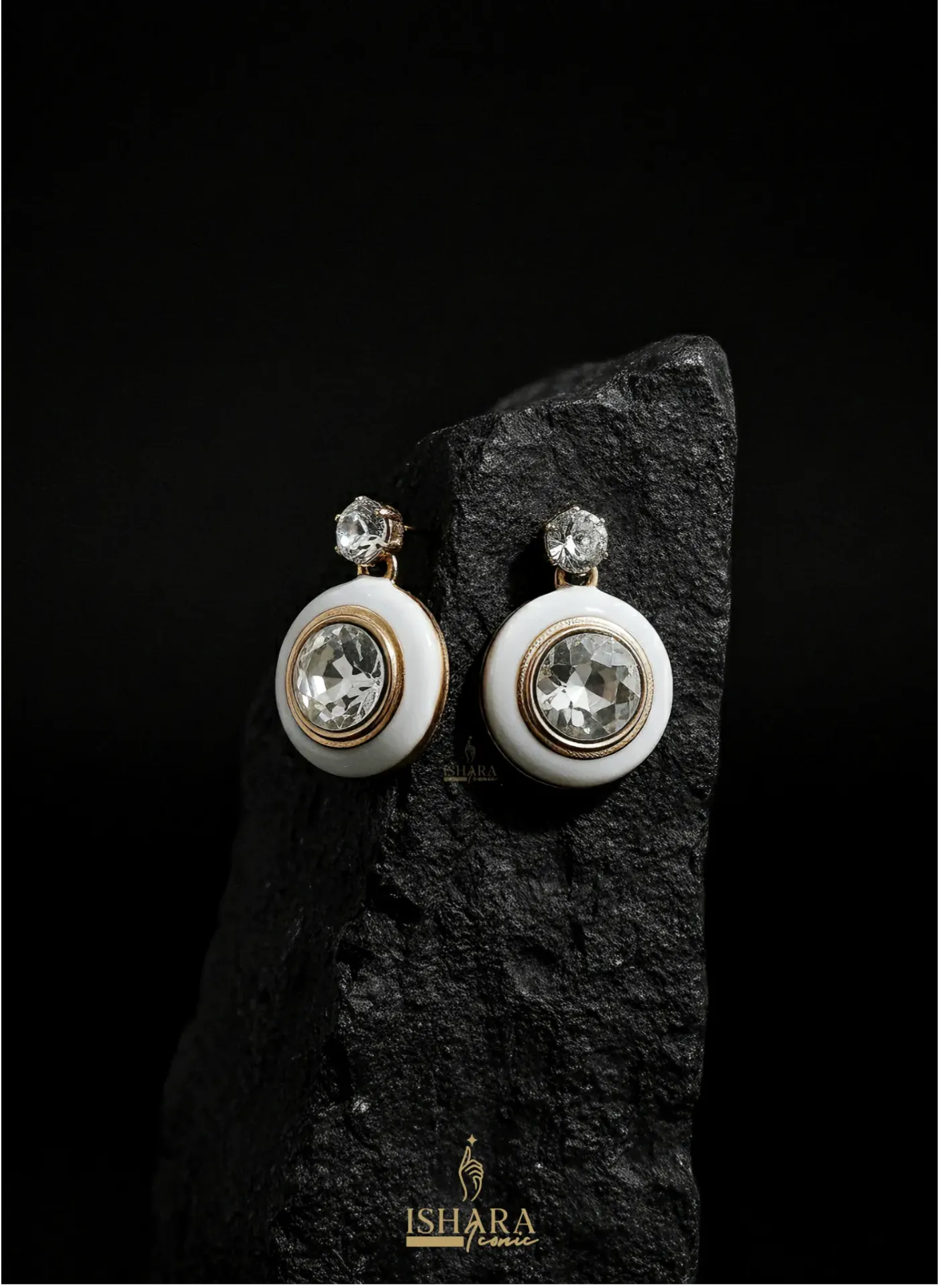 White Enamel & Crystal Dangle Earrings