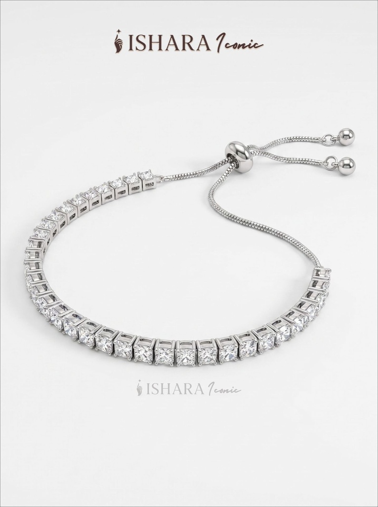 Silver Princess-Cut Crystal Bolo Tennis Bracelet