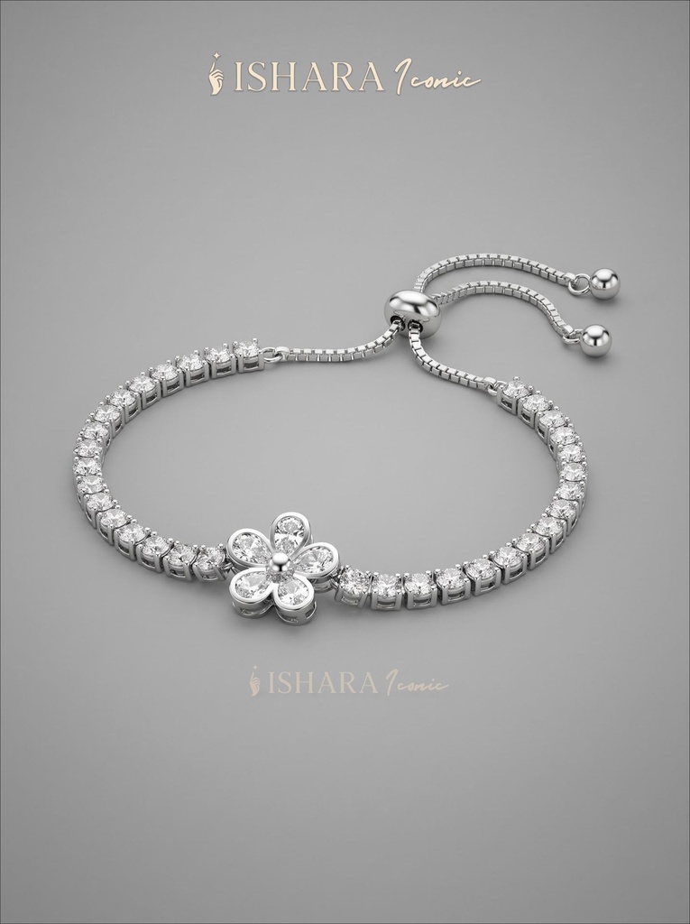 Silver Floral Charm Crystal Bolo Bracelet